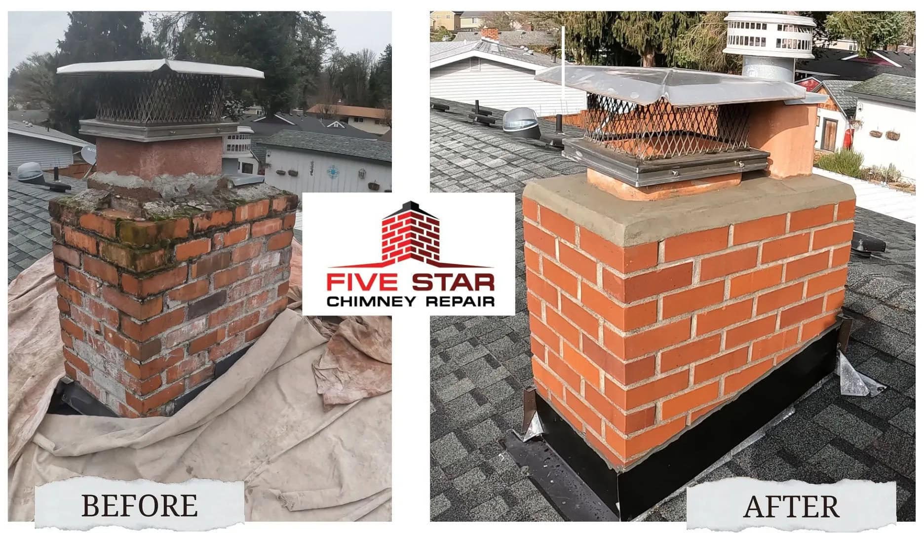 Five Star Chimney Repair before and after project images. 